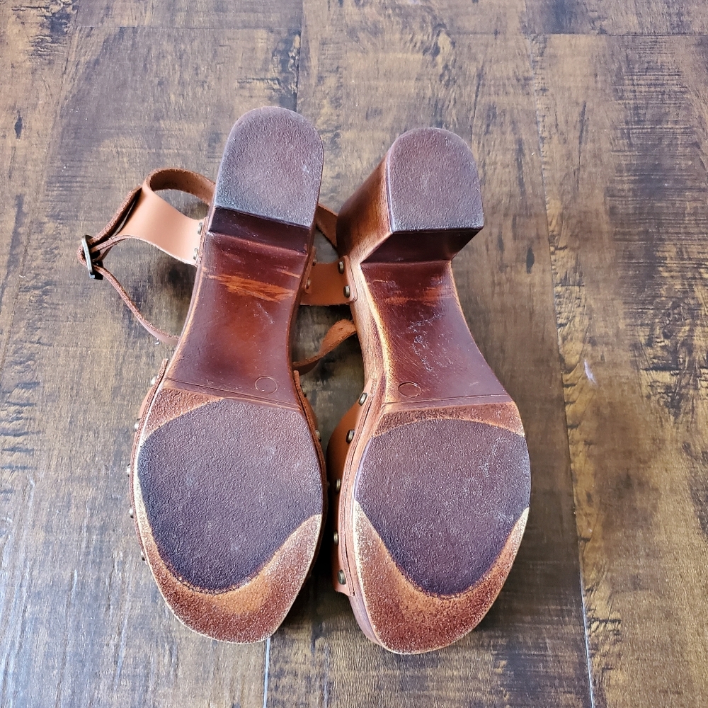 A. Giannetti Tan Leather Ankle Strap Wood Platform Clog Sandals 7M US - Picture 3 of 7